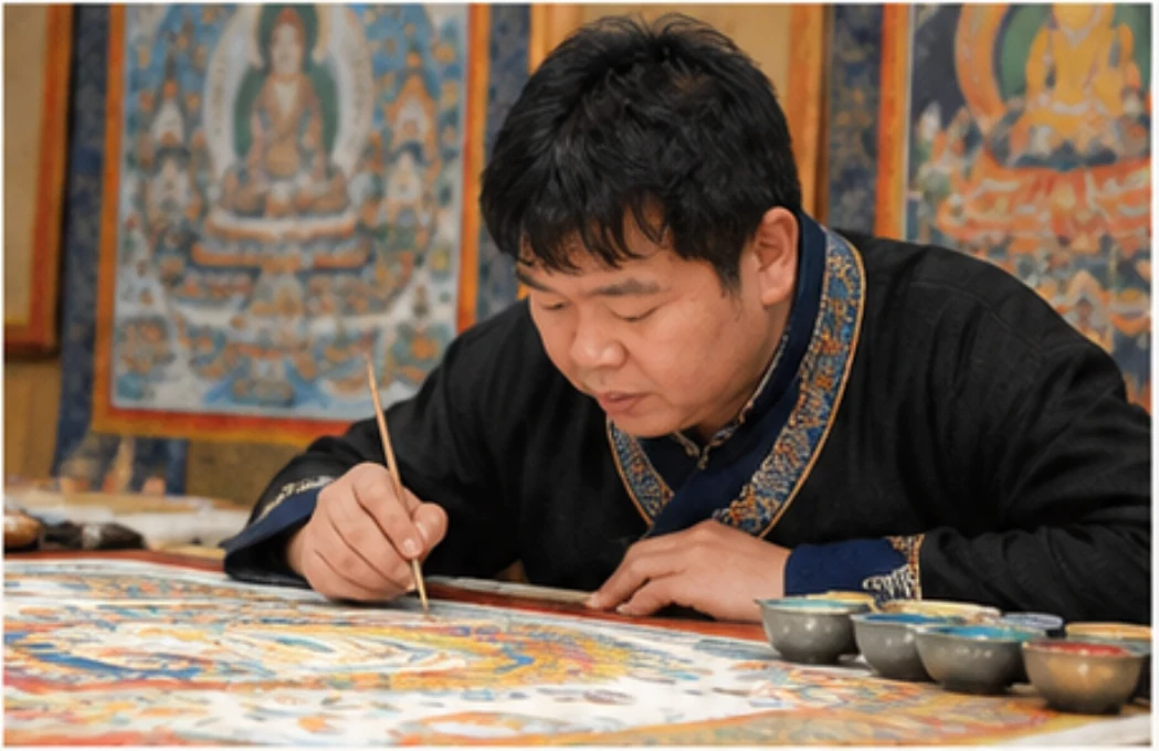 Xiluo painting a thangka in his studio